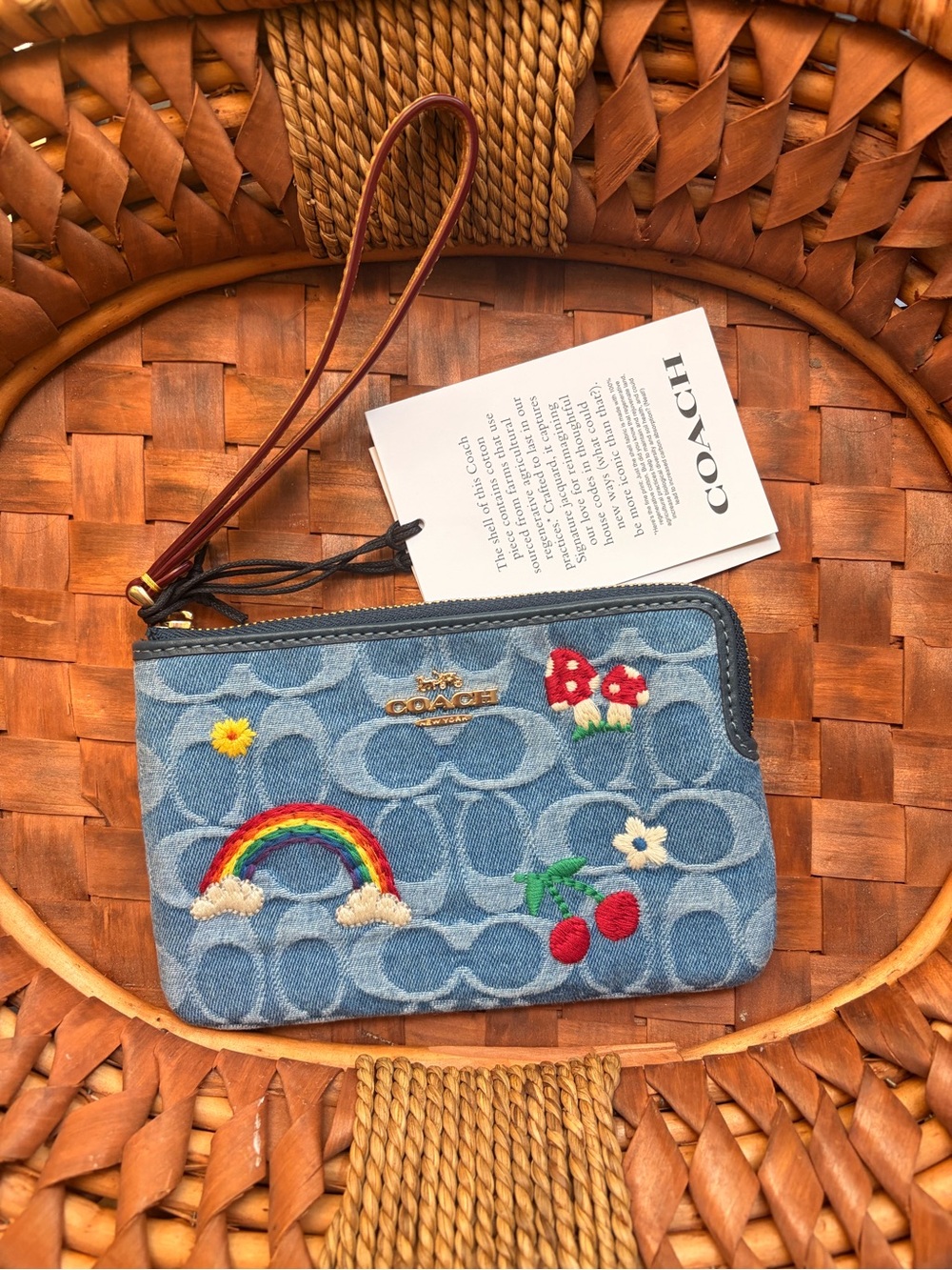 COACH Denim Wristlet Wallet with Rainbow & Cherry Embroidery - Blue